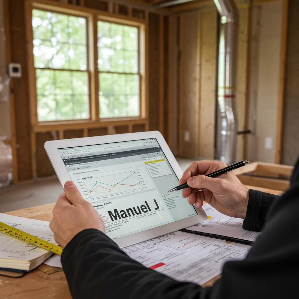 Technician performing a Manual J load calculation for HVAC sizing in a home, emphasizing the importance of accurate assessments