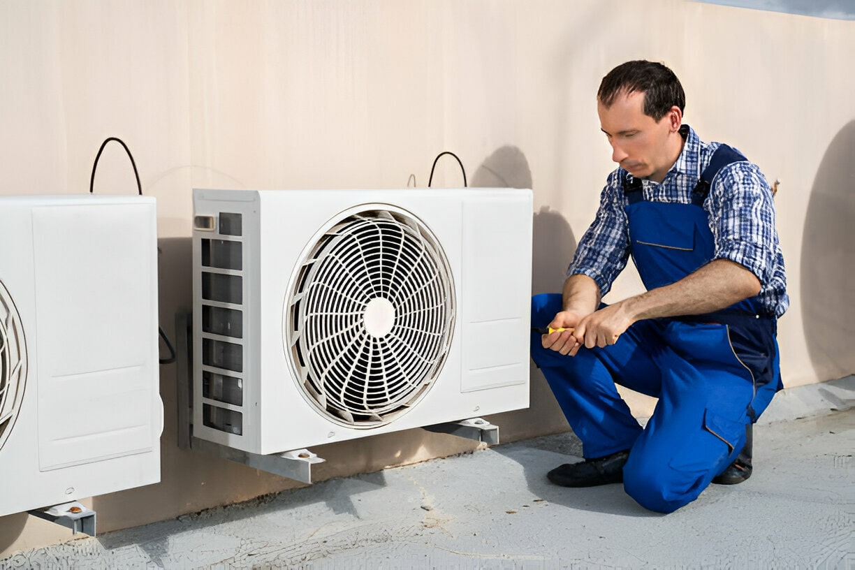 Technician in blue overalls installing or repairing an air conditioning unit