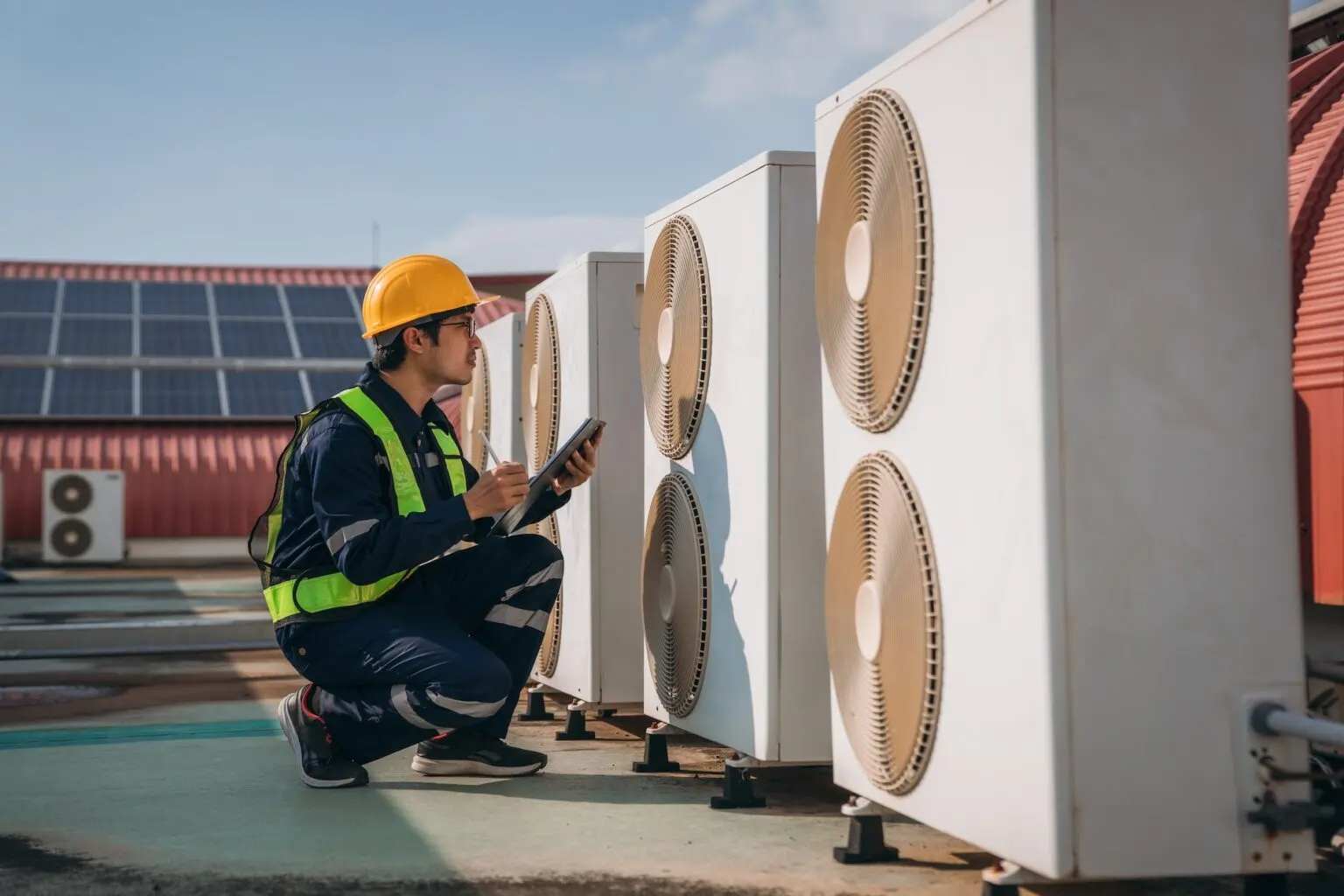 Two technicians inspect an air conditioning unit with a tablet