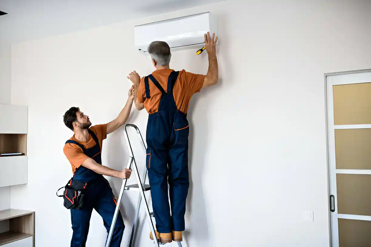 Two workers installing air conditioning unit on white wall