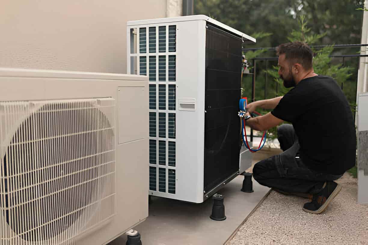Technician servicing an outdoor air conditioning unit with diagnostic tools