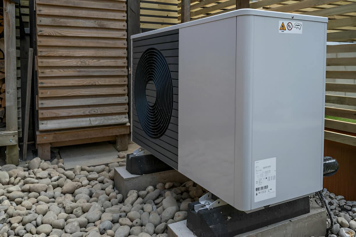 Modern heat pump installed on rocky ground near wooden fence