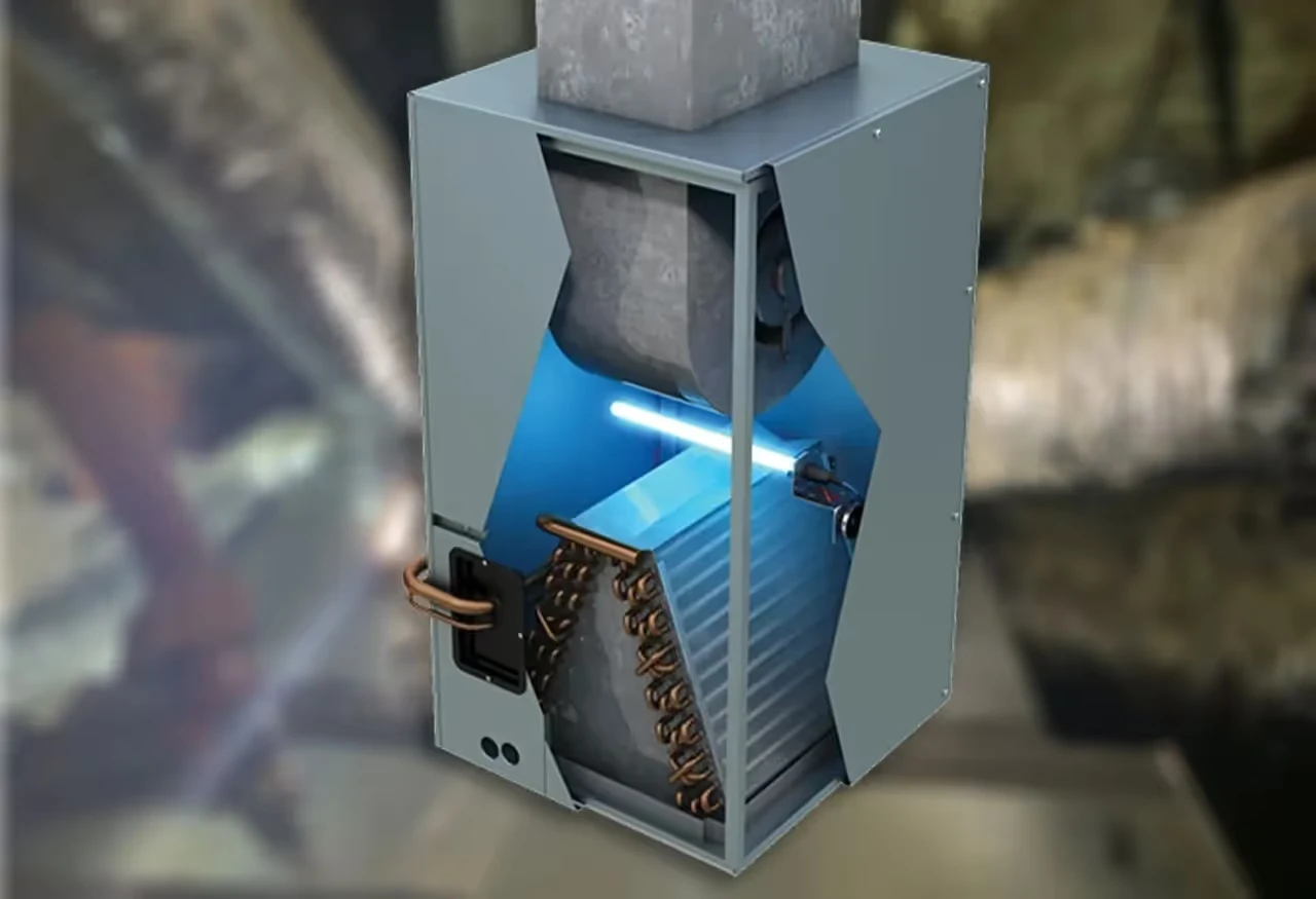 Air conditioning unit with blue light and copper coils inside metal frame