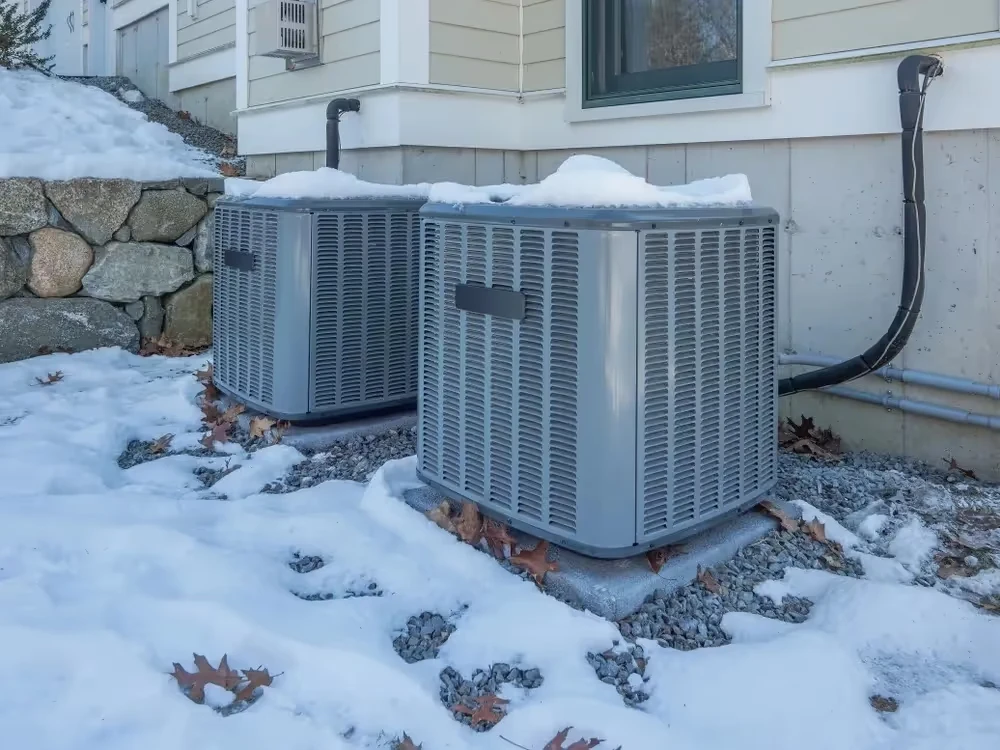 Snow-covered air conditioning units beside a house in winter
