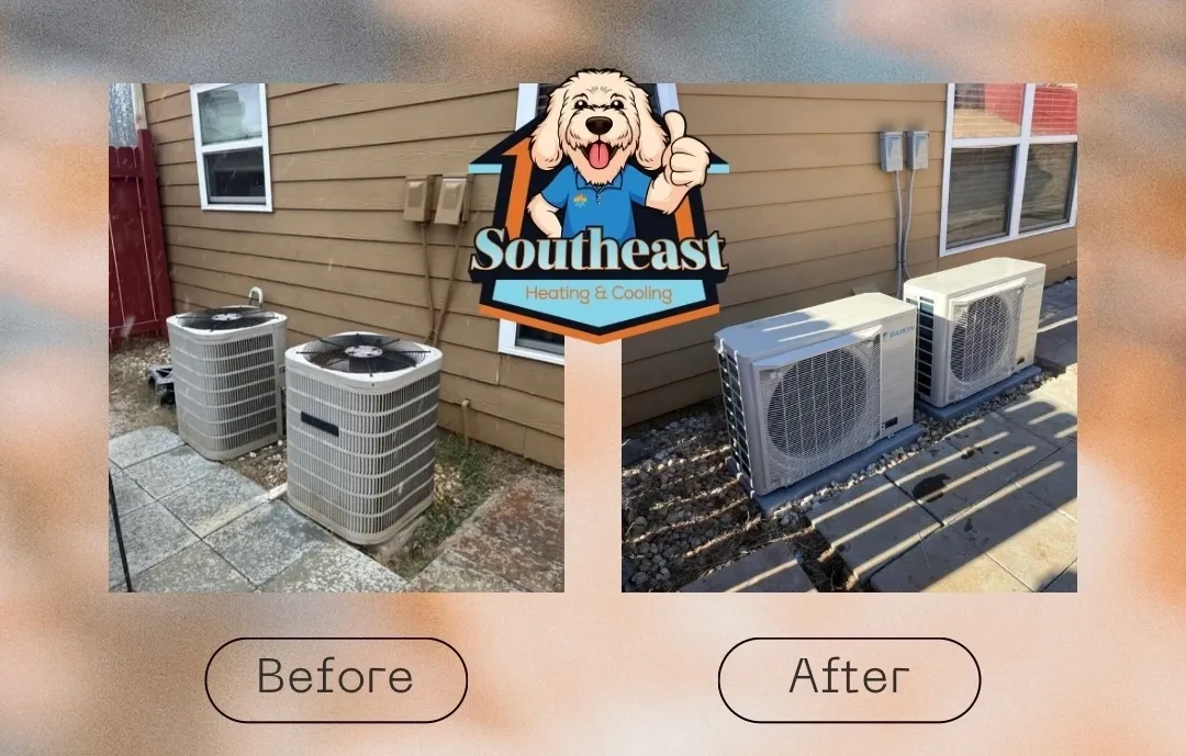  Before and after images of outdoor AC units, with a dog mascot logo.