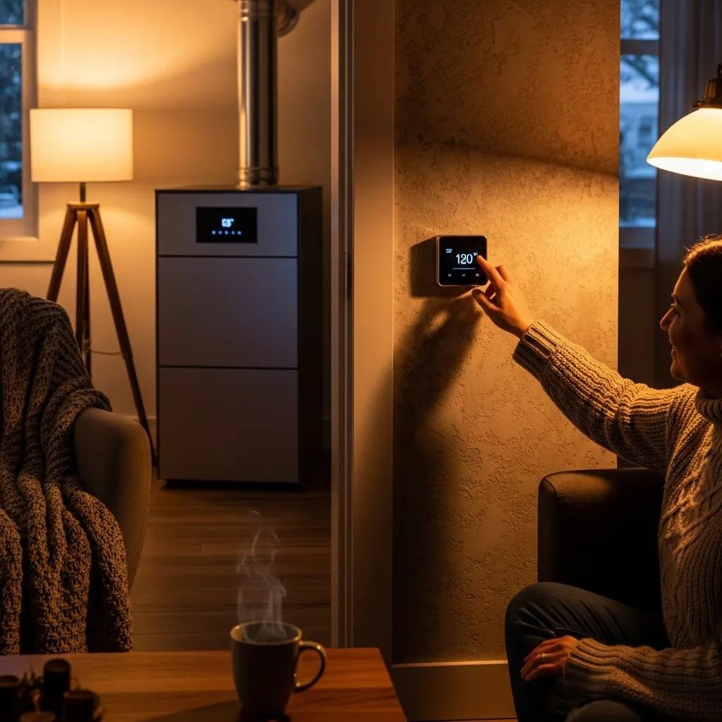 Family member checks thermostat beside a modern furnace — practical furnace troubleshooting at home