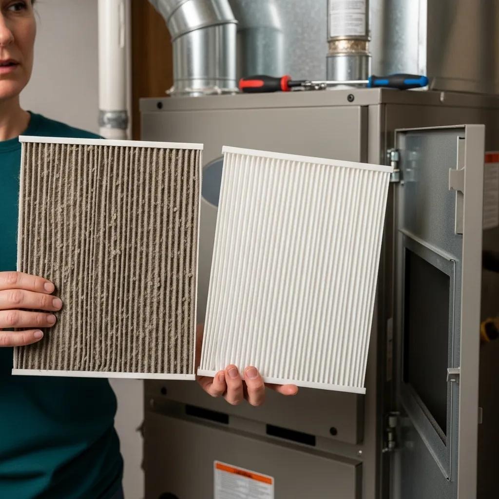 Homeowner inspects a dirty furnace air filter — a common cause of cold air at the registers