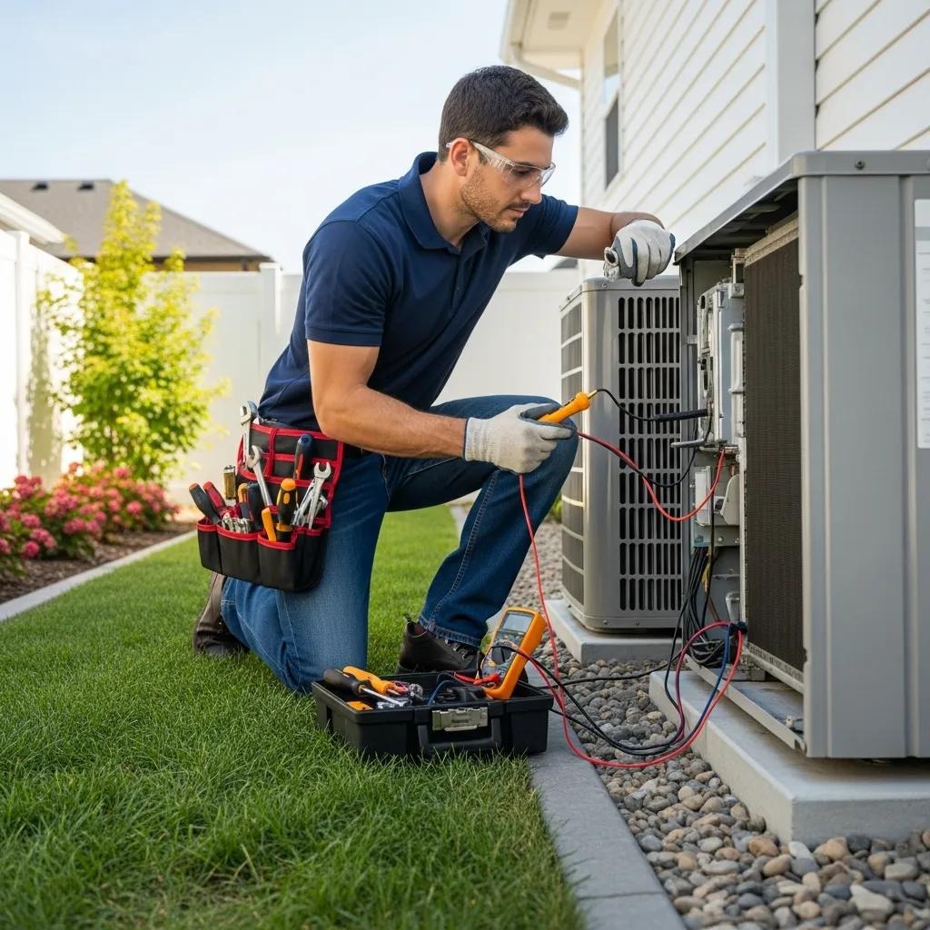 HVAC technician inspecting an air conditioning unit during scheduled maintenance