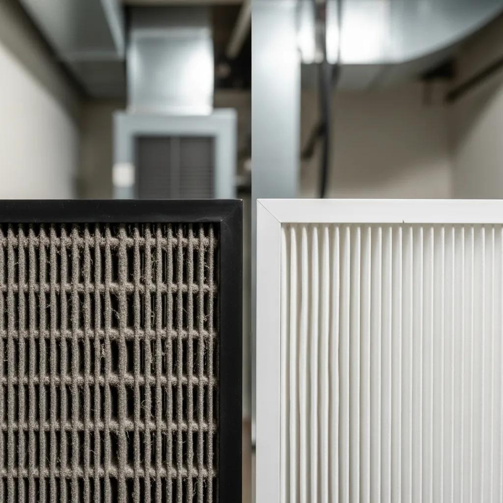 Side-by-side: clogged HVAC filter next to a clean filter, showing why maintenance matters