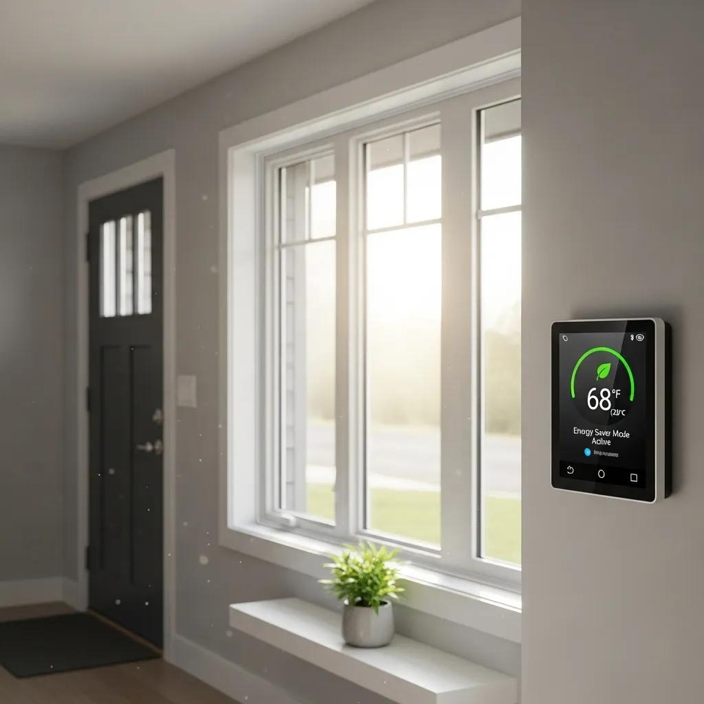 Smart thermostat showing energy-saving settings