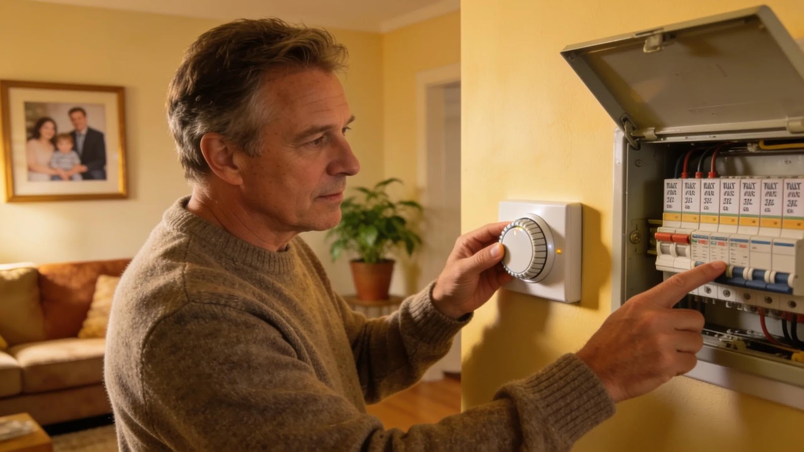 Homeowner troubleshooting air conditioning by checking thermostat settings