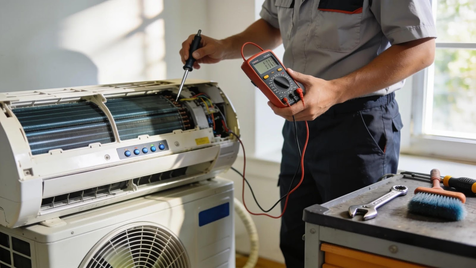 Air conditioning technician inspecting an AC unit during maintenance