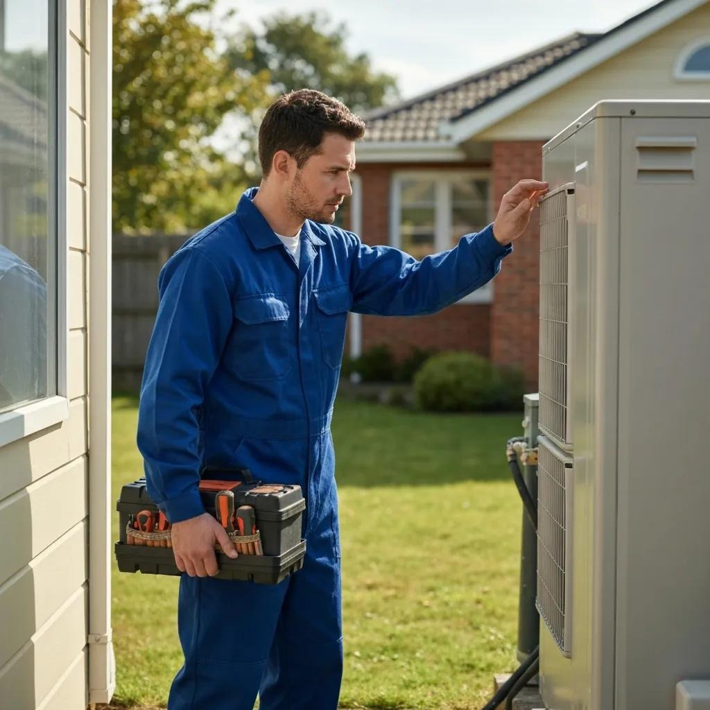 HVAC technician inspecting a heat pump β the right call when problems go beyond basic maintenance