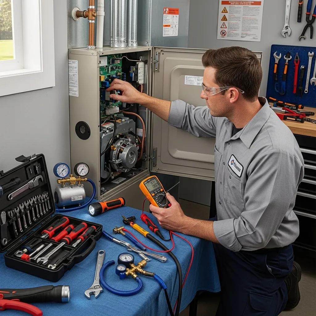 HVAC technician performing heating maintenance