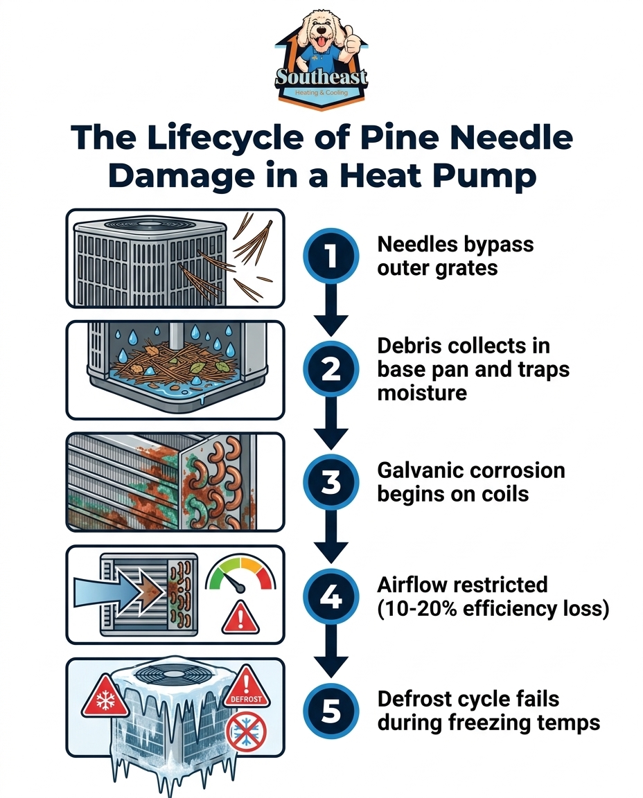 The Lifecycle of Pine Needle Damage in a Heat Pump