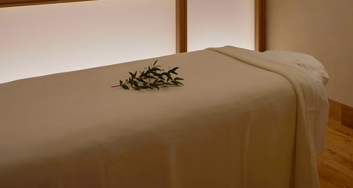 Olive branch resting atop massage table ready for service.