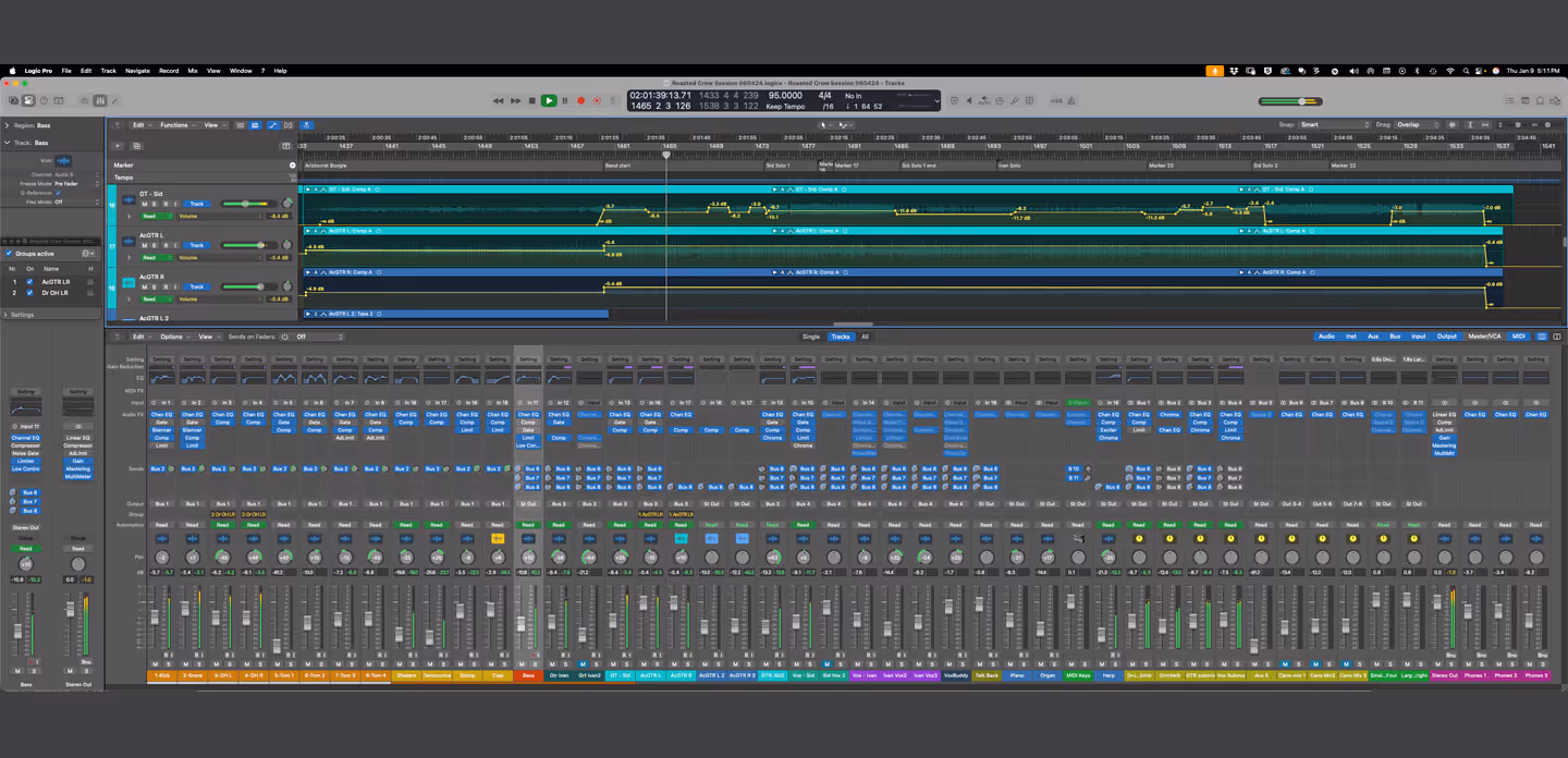 A screen shot of a Phil Hodges Productions multitrack music mix in Logic Pro Audio.