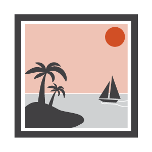 Icon image of a sailboat sailing past a tropical island to illustrate graphic design services.