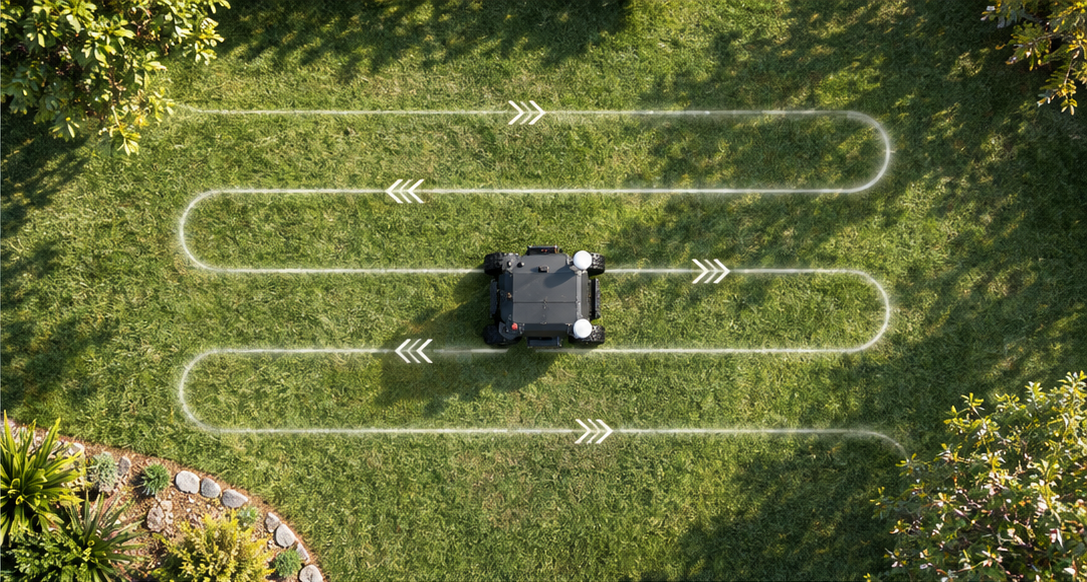 R1 on a lawn with an illustrative row-by-row navigation route