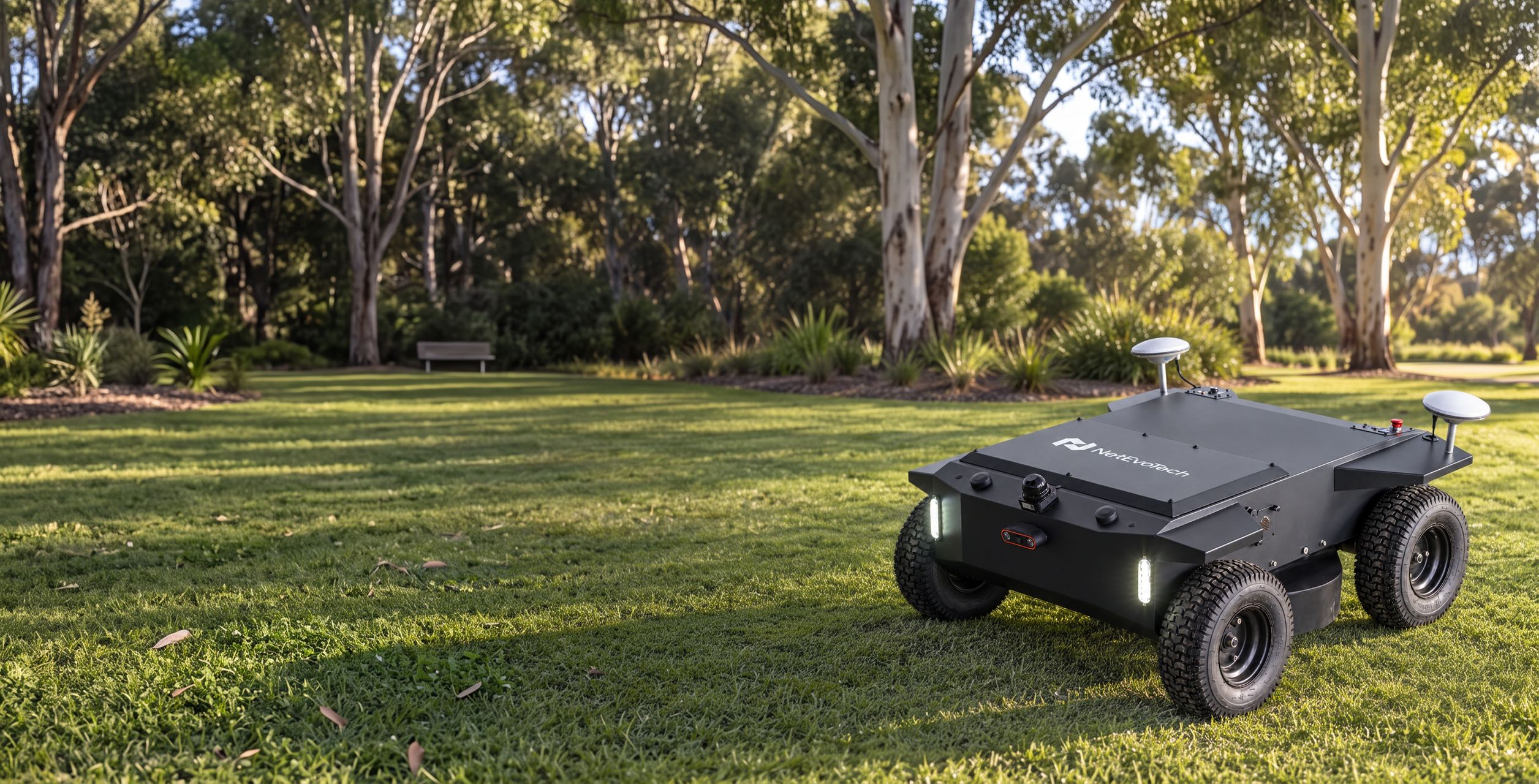 NetEvoTech EvoMo R1 robotic lawn mower on a landscaped lawn