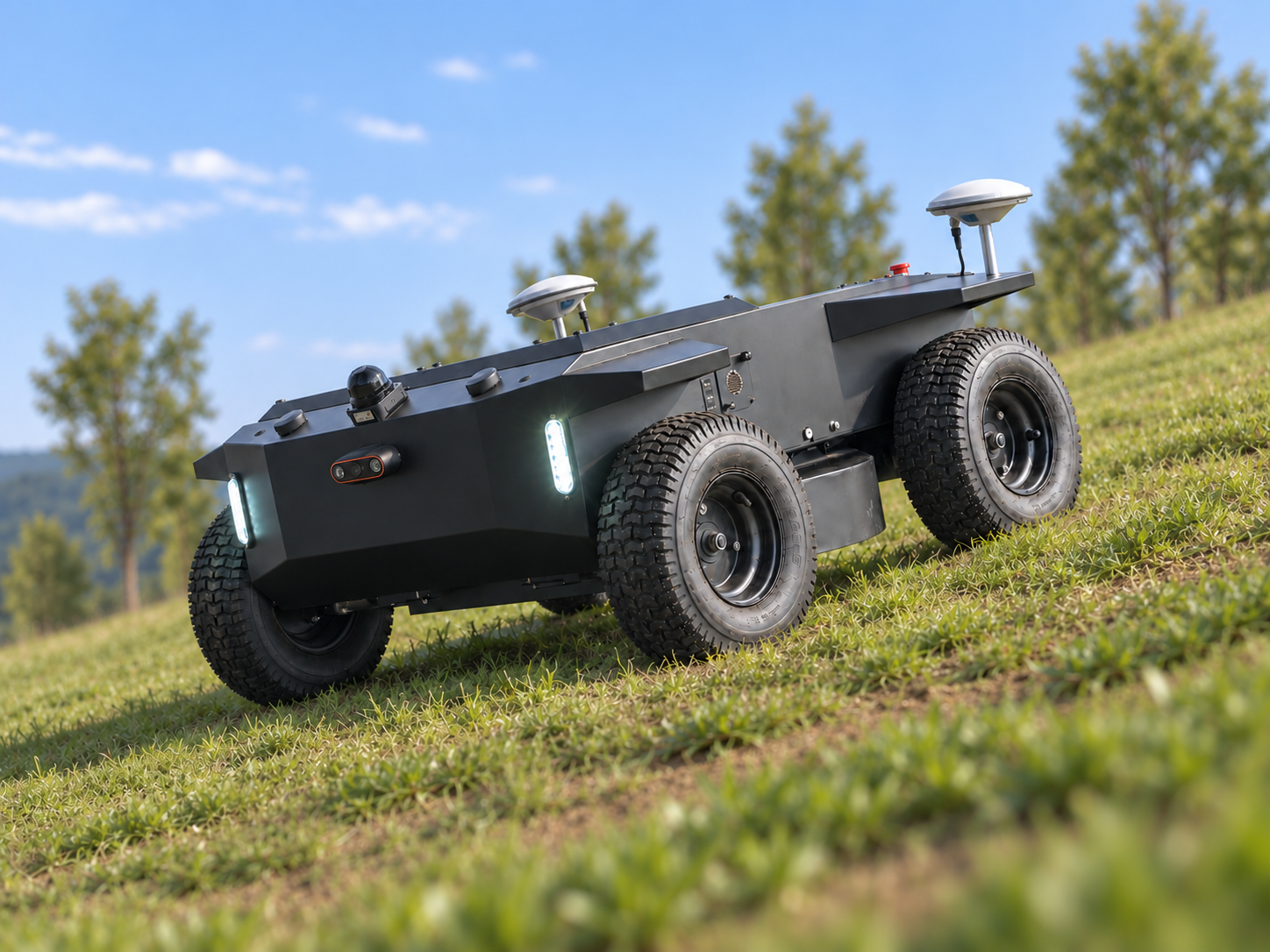 EvoMo R1 four-wheel mower on a grassy slope