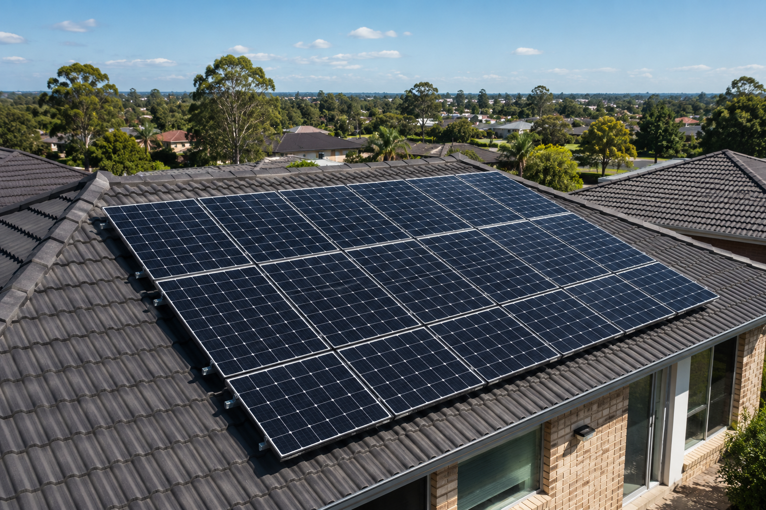 Solar panels installed on a residential gray tiled roof with trees and houses in the background.