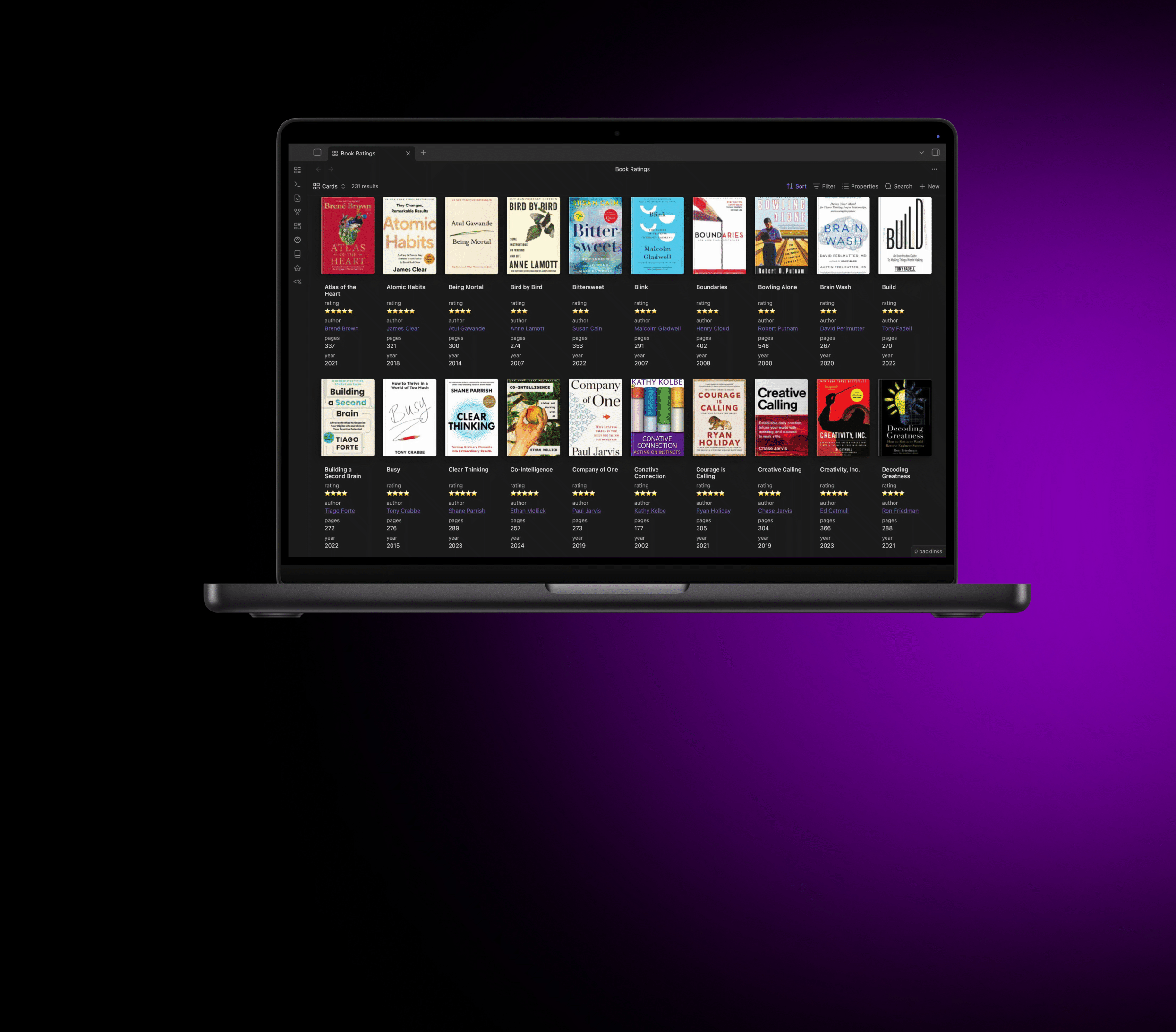 A library of book notes in Obsidian.