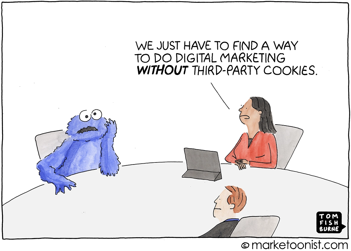 The image shows two figures talking to each other about finding a way to do digital marketing without third-party cookies
