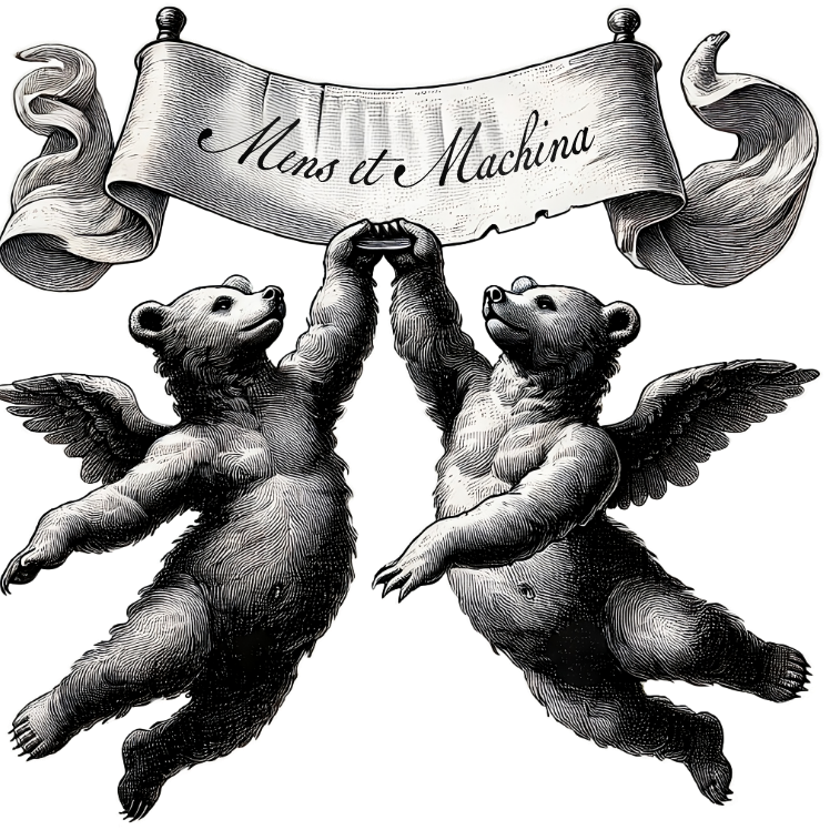 Two renaissance style bears with cherub wings holding up a banner. Graphic is an ink style drawing.