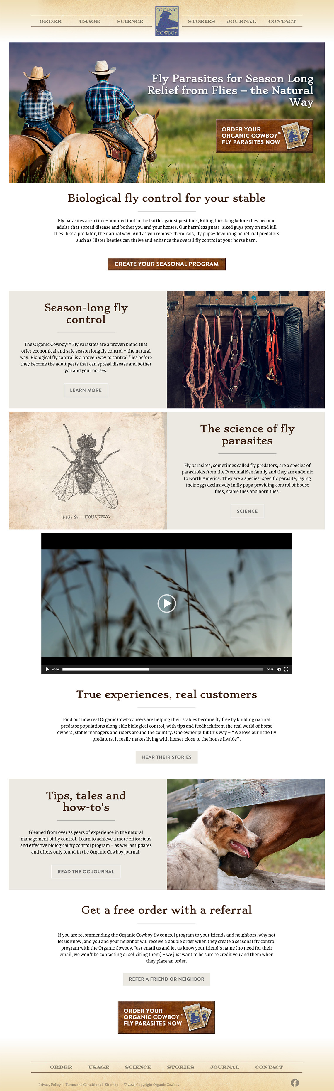 A scrollable screenshot of the entire Organic Cowboy website homepage designed and hosted by Freestone Creative Co.