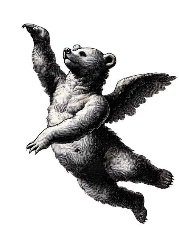 A renaissance bear with cherub wings in a pen style ink graphic, black and white.