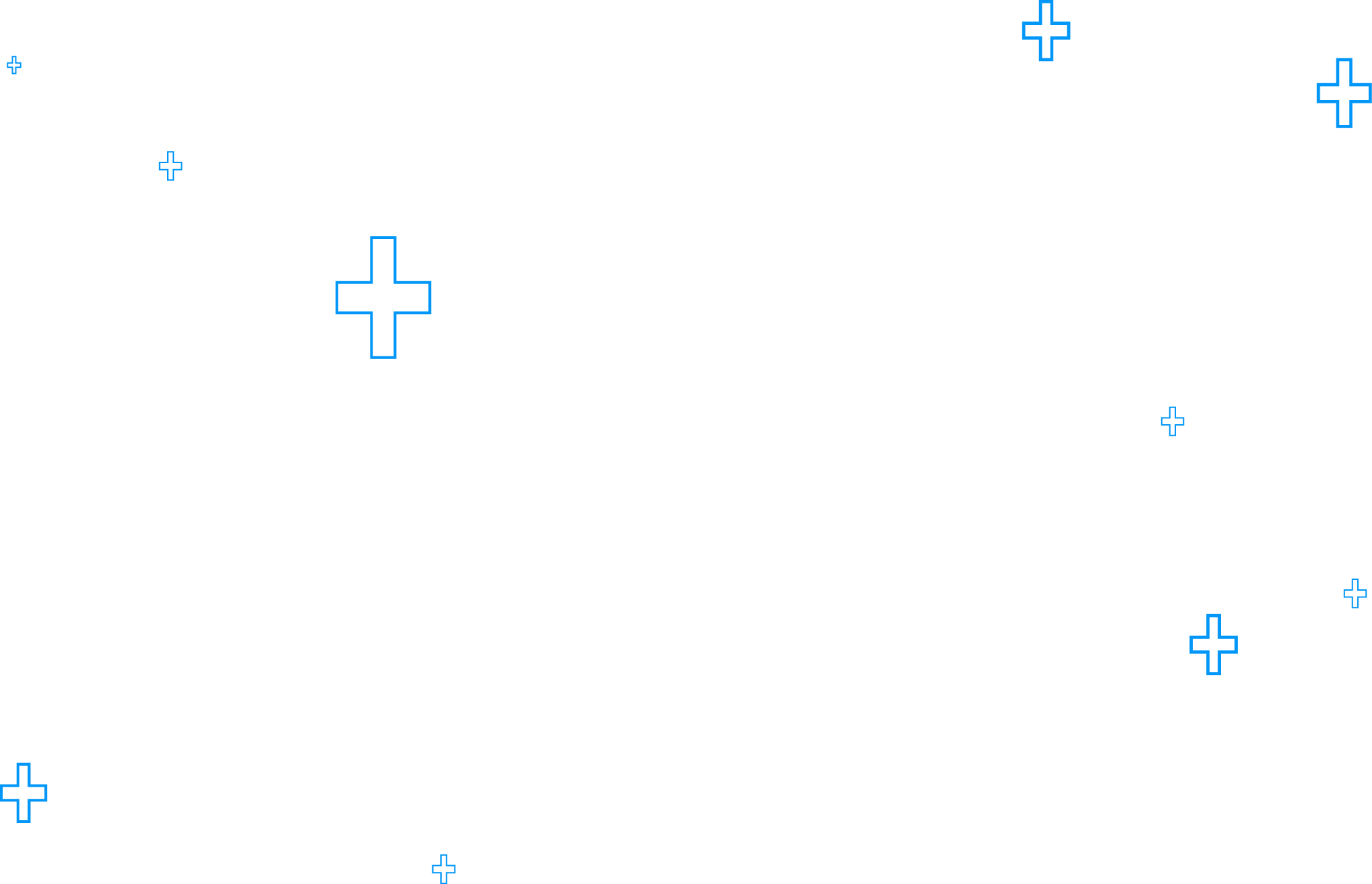 Black background with various sizes of outlined blue plus signs scattered across the image.
