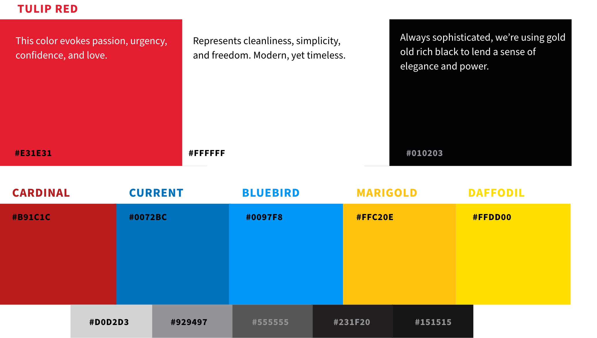 Brand color palette showcasing Tulip Red, Just White, Rich Black with descriptions, Cardinal, Current blue, Bluebird blue, Marigold, and Daffodil yellow with their hex codes, plus a grayscale bar with five tones and hex codes.