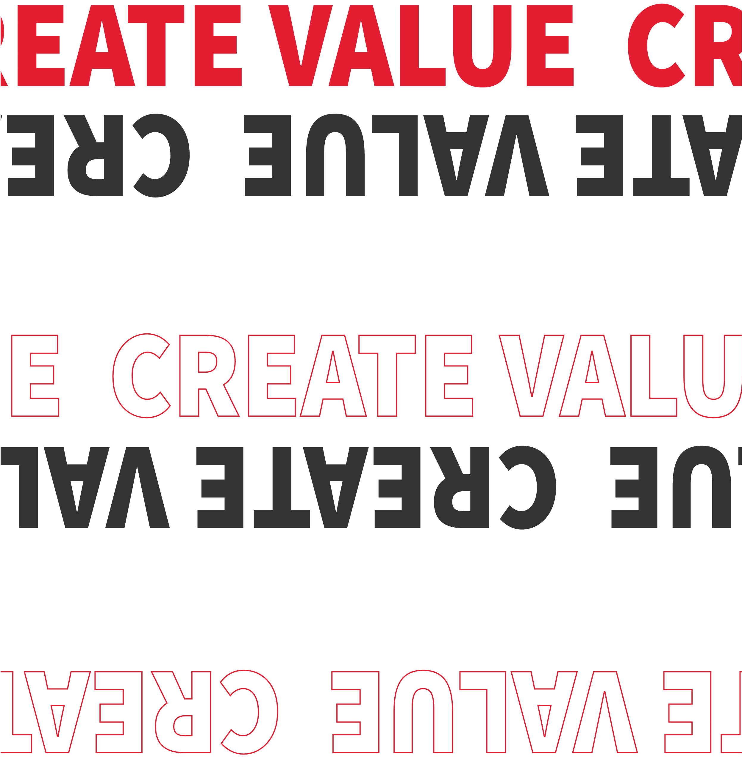 A recurring graphic with the words "Create Value" in different colors going in opposite directions.