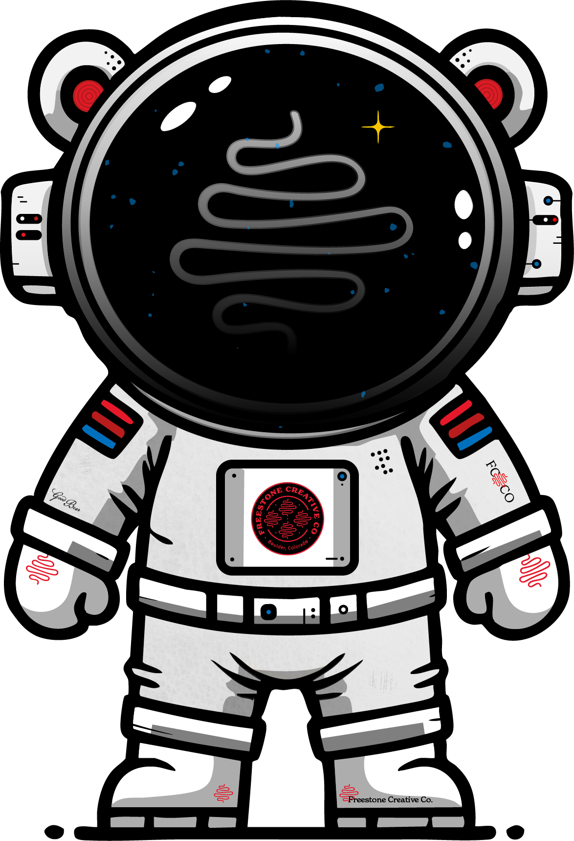A cartoon style bear in an astronaut suit with Freestone Creative Co. logos all over him.