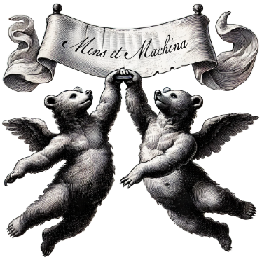 Two winged bears standing upright and holding a scroll banner that reads 'Mens et Machina.'