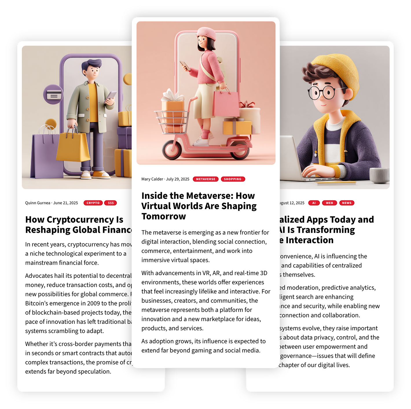 Three stylized 3D illustrated cards with people: a man holding shopping bags, a woman on a pink scooter with packages and shopping bags, and a man working on a laptop; each card has article titles and summaries about cryptocurrency, the metaverse, and AI.