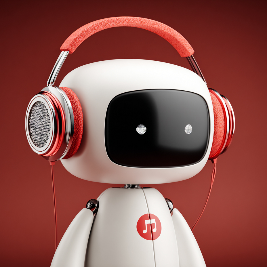 White robot with a glossy black screen face wearing red and silver headphones, with a red music note icon on its chest, set against a red background.