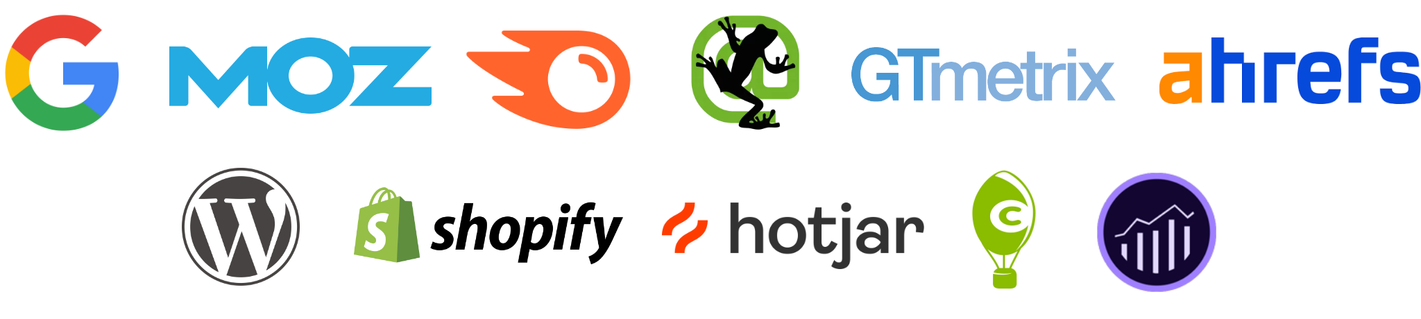 A multitude of brand logos in relation to SEO solutions.