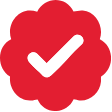 A white checkmark graphic in the center of a flower like red shape.