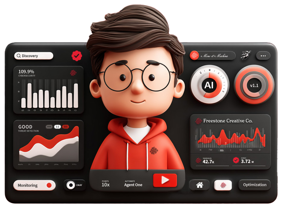 A cartoon of a man in Freestone Creative Co. clothing with graphs and data surrounding him.