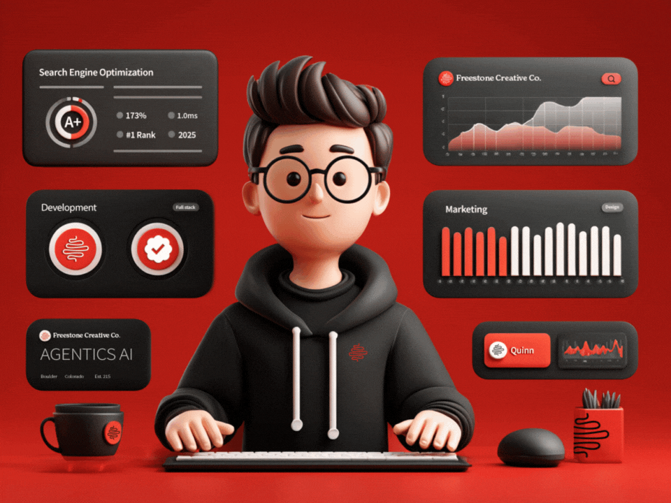 A cartoon GIF of a man in Freestone Creative Co. branded clothing surrounded by graphs and data along with a steaming coffee cup.