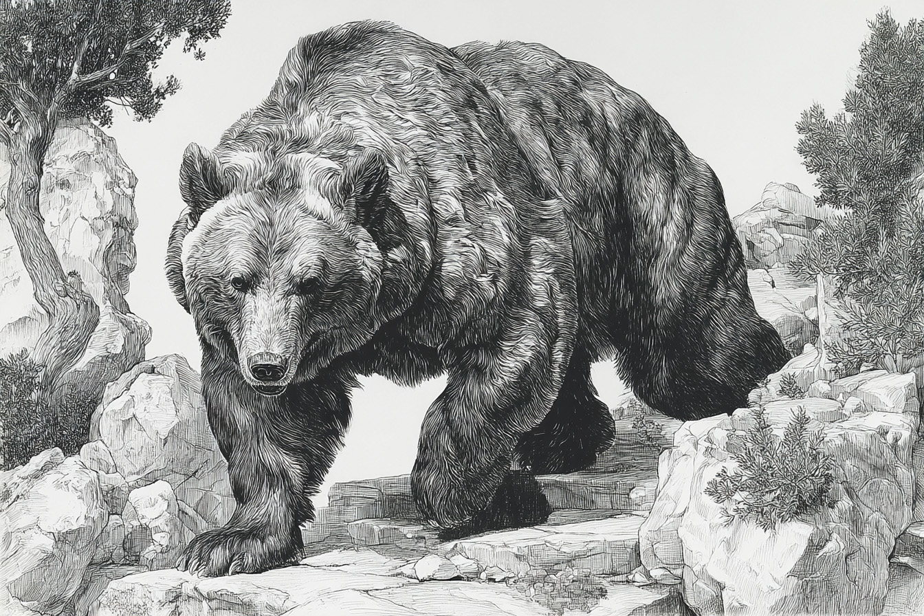 A pencil style drawn adult bear prowling through the mountains.