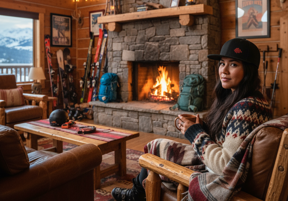 A girl seen drinking coffee by the fire in a ski town with a Freestone Creative Co. branded hat on.