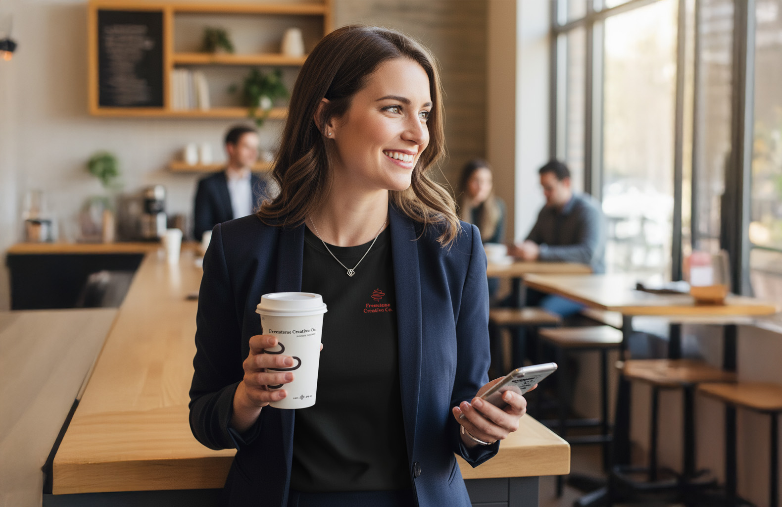 A girl in corporate attire wearing a Freestone Creative Co. branded shirt and holding a branded coffee cup in a cafe.