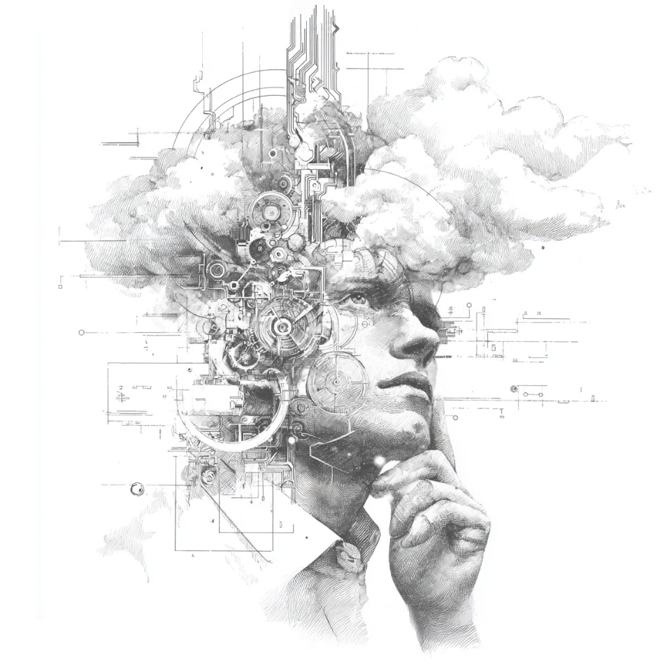 Black and white sketch of a thoughtful man with mechanical and cloud-like elements integrated into his head, symbolizing complex thinking.