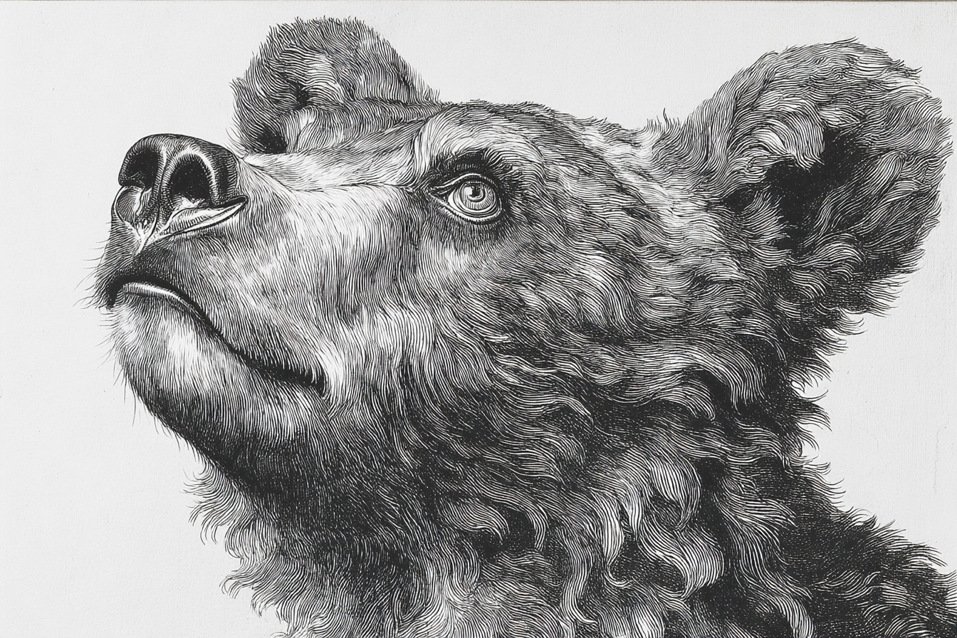An illustration of a young bear looking up at the sky in a pencil style drawing, all black and white.