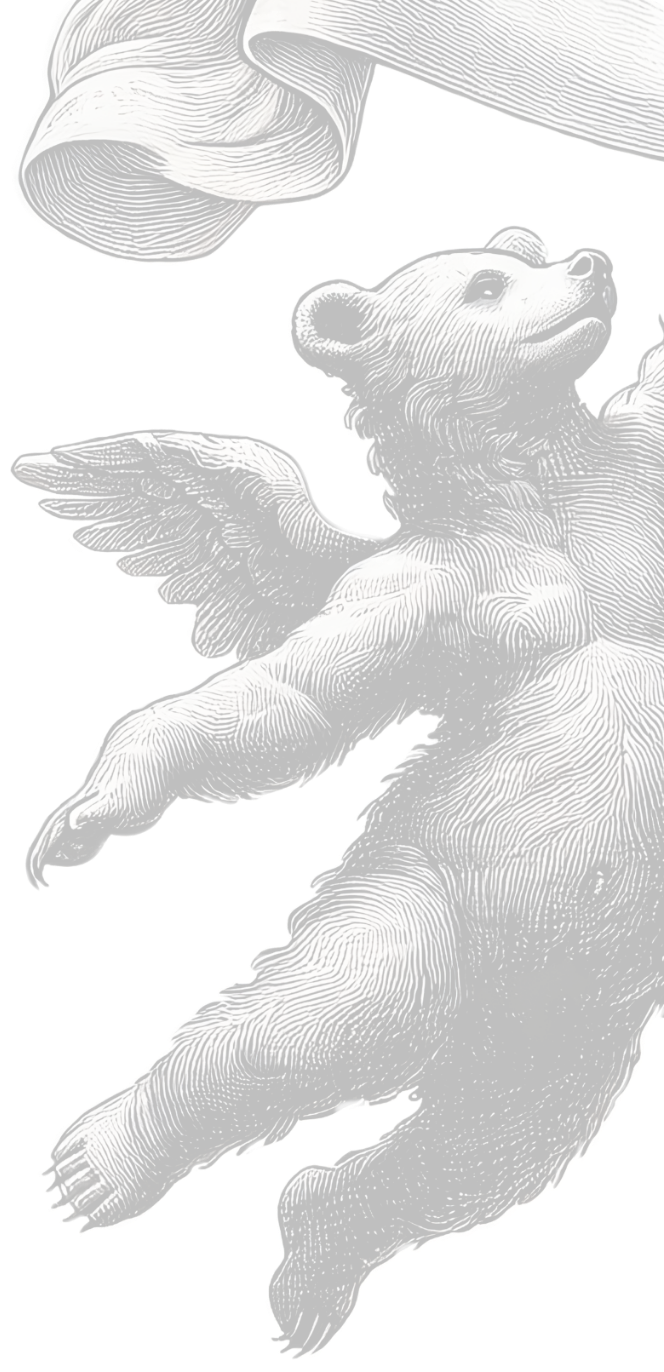 A renaissance style drawn bear with cherub wings holding a banner.