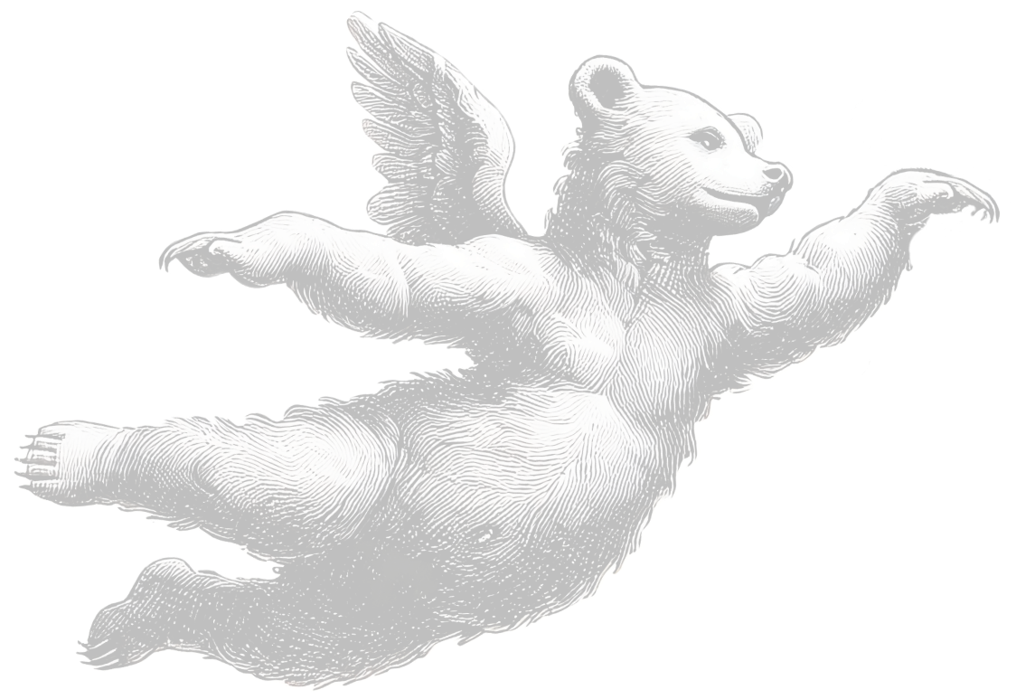 Hand illustrated bear with cherub style wings featured on homepage behind creative coding text. Driving business growth.