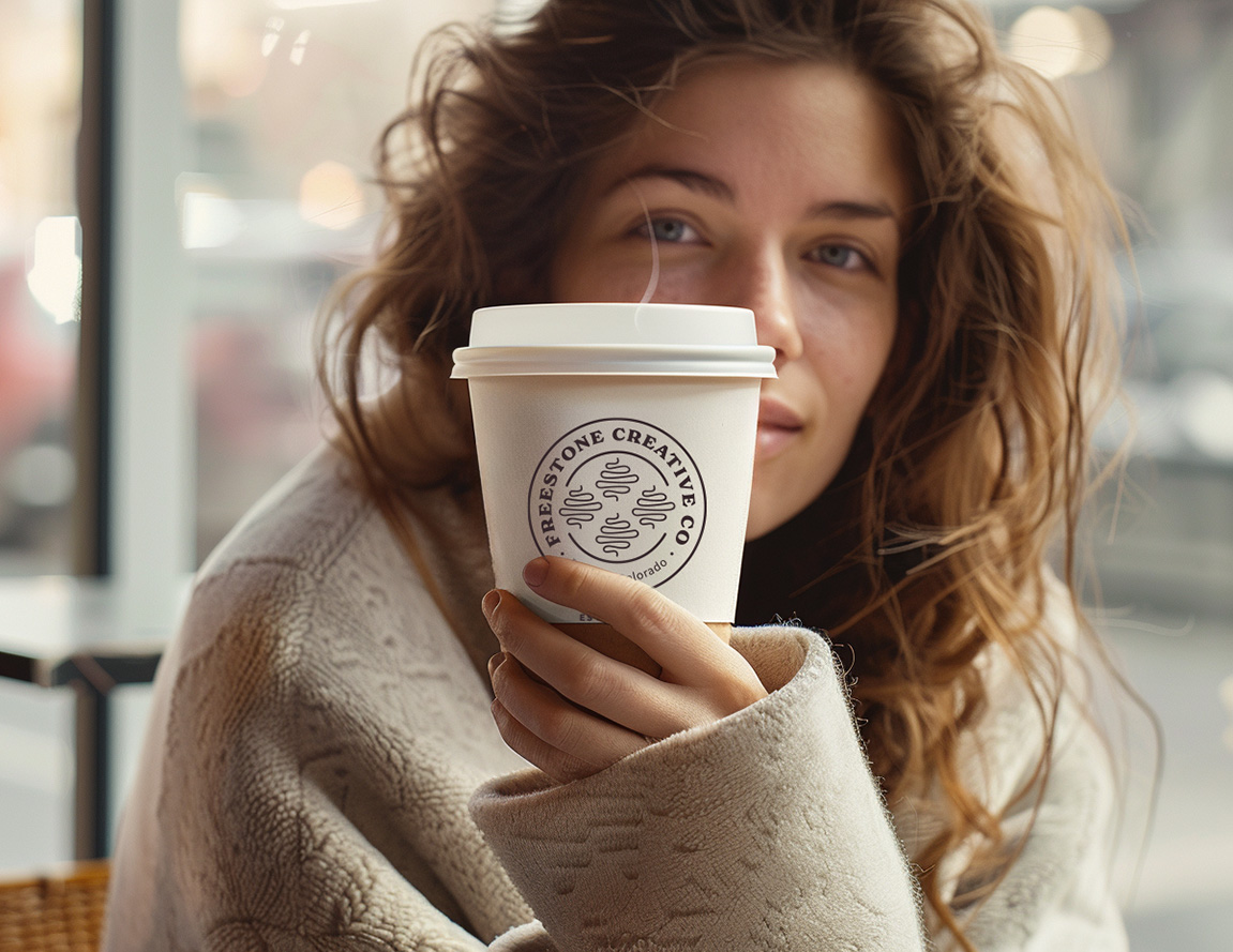 A girl sitting in a cafe with a Freestone Creative Co. branded coffee cup.